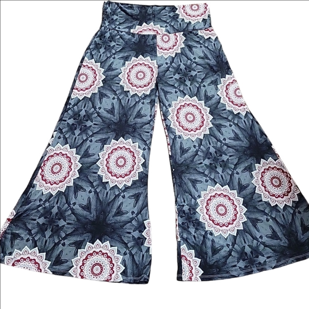 MOA USA Grey Palooza Mandala Print Stretch Pants 1X Fold Over Waist Boho